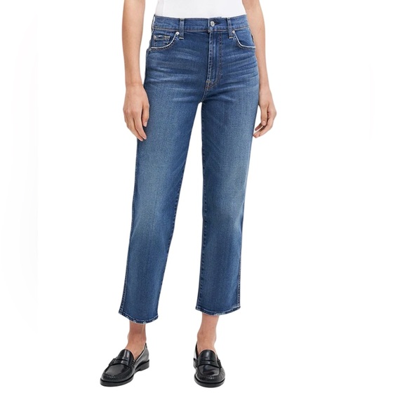 7 for all Mankind High Waist Cropped Straight Leg Jeans size 27 med blue - Picture 2 of 13